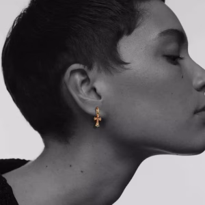 22K Gold Baby Cross Charm Earrings With Rubies