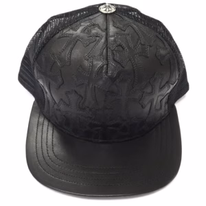Chrome Hearts Cemetary Cross Leather Stitched Trucker Black Hat