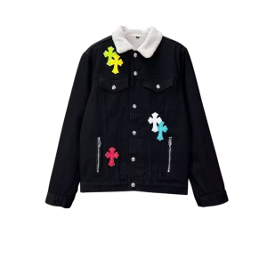 Chrome Hearts Denim Jacket With White Collar & Cross Patches
