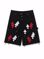 Chrome Hearts Red & White Cross Denim Shorts