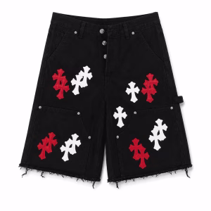 Chrome Hearts Red & White Cross Denim Shorts