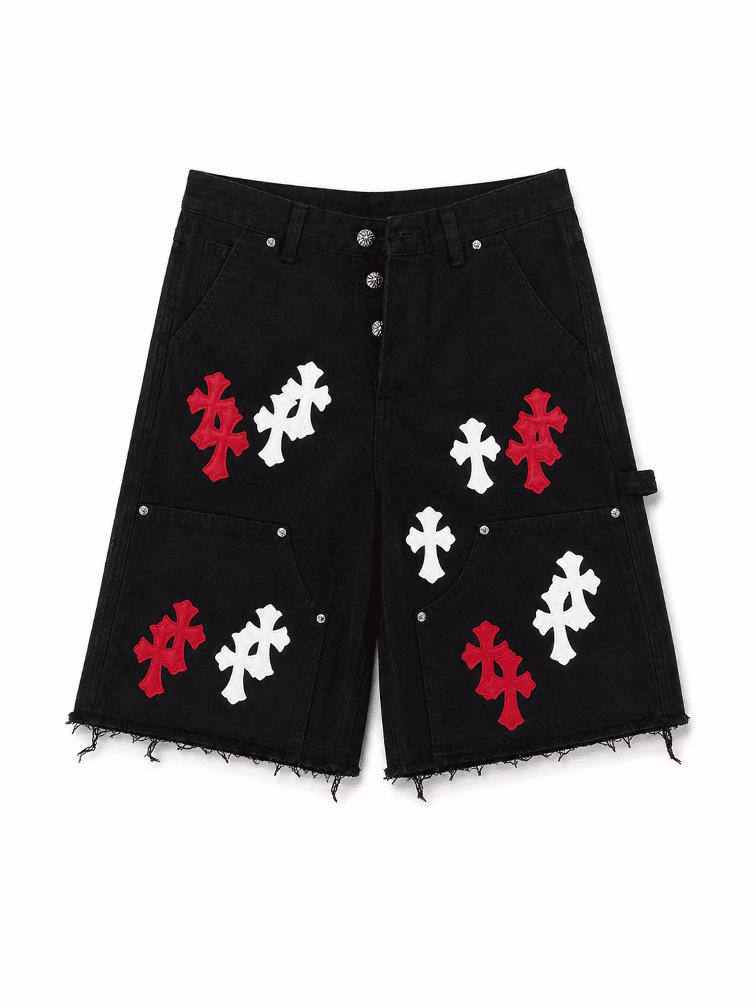 1ffd16f4-5b0c-4d05-9f91-d82127afa7dc (1) Chrome Hearts Red & White Cross Denim Shorts