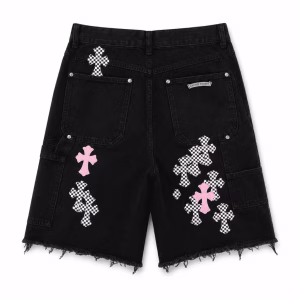 Chrome Hearts Checker Pink Cross Denim Shorts