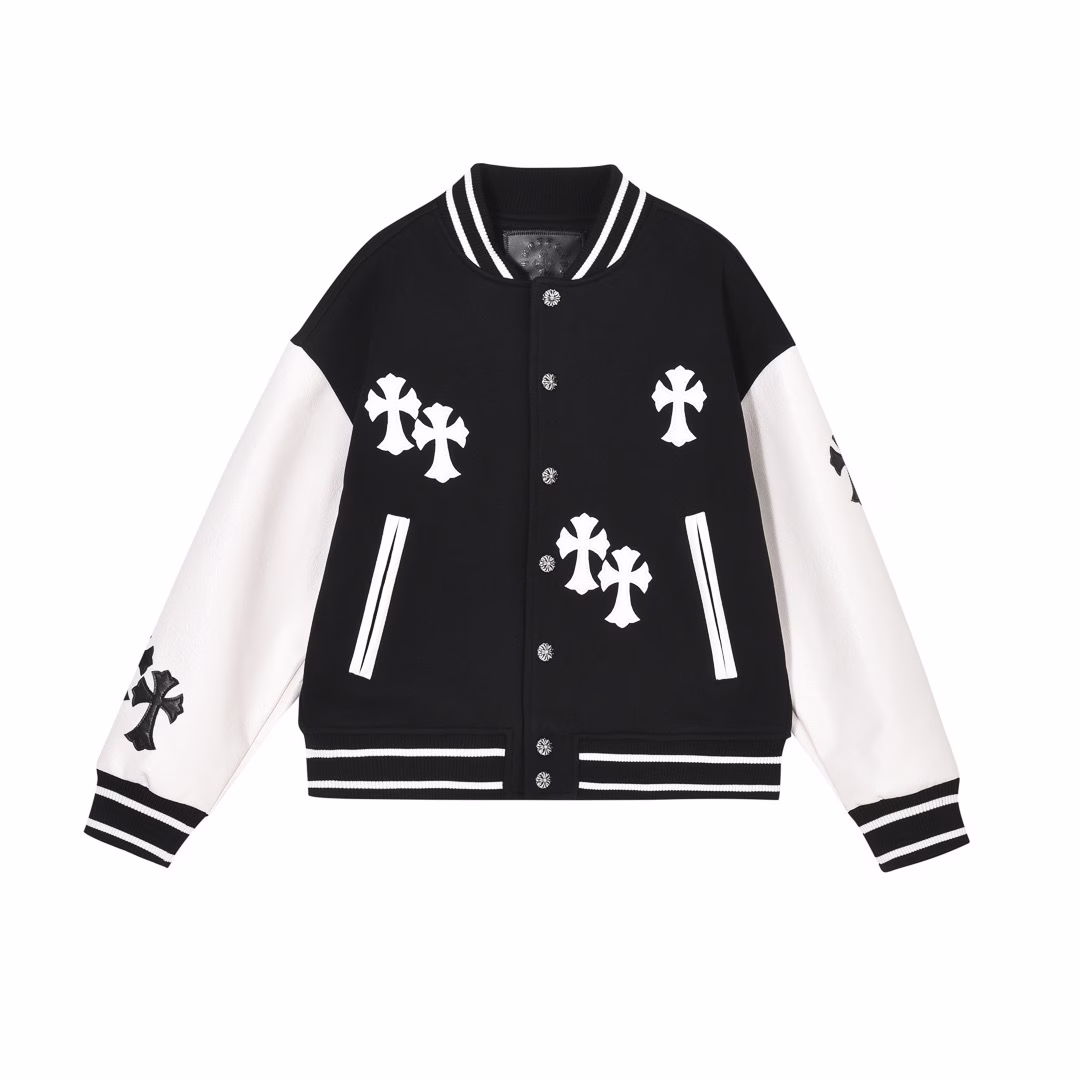 Chrome Hearts Varsity Jacket Black/White Leather Sleeves Chrome Hearts Varsity Jacket Black/White Leather Sleeves