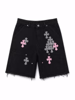 Chrome Hearts Checker Pink Cross Denim Shorts