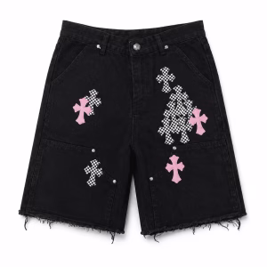 Chrome Hearts Checker Pink Cross Denim Shorts