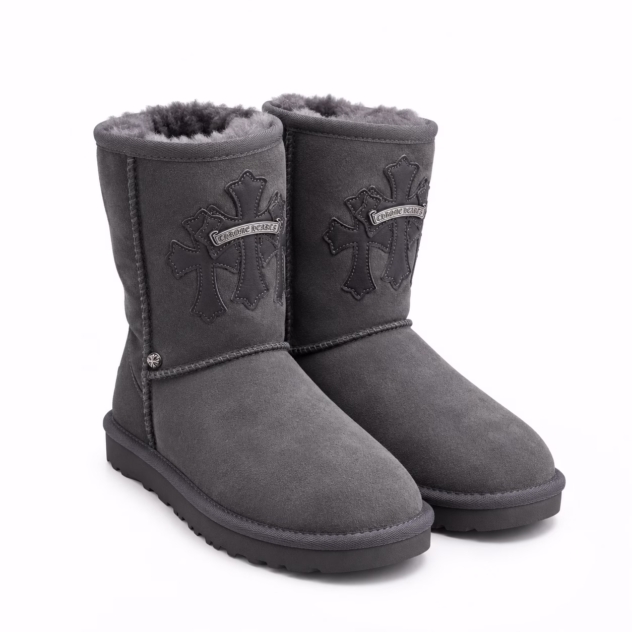 chrome-hearts-gothic-cross-classic-short-ugg-boots-gray Chrome Hearts Gothic Cross Classic Short UGG Boots – Gray