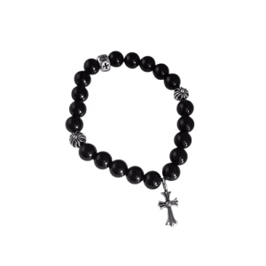 Chrome Hearts Black Bead Cross Charm Bracelet
