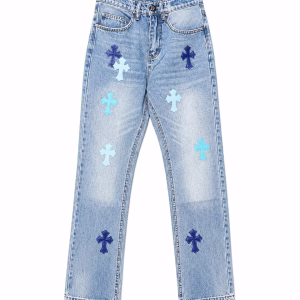 Chrome Hearts Blue Cross Patch Light Wash Jeans