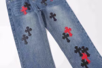 Chrome Hearts Red & Black Cross Patch Blue Jeans