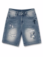 Chrome Hearts Distressed Cross Embroidery Denim Shorts