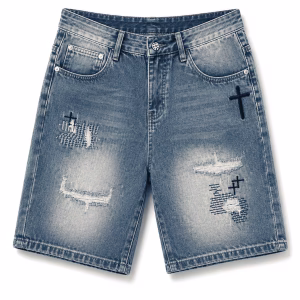 Chrome Hearts Distressed Cross Embroidery Denim Shorts
