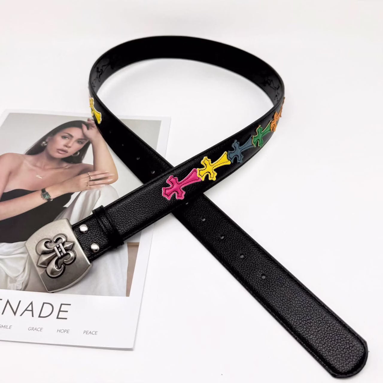 Chrome Hearts Multicolor Cross Patch Leather Belt Chrome Hearts Multicolor Cross Patch Leather Belt