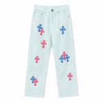 Chrome Hearts Pink and Blue Cross Patch Light Wash Jeans