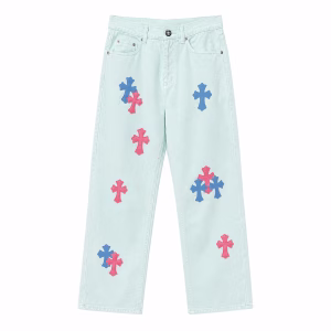 Chrome Hearts Pink and Blue Cross Patch Light Wash Jeans