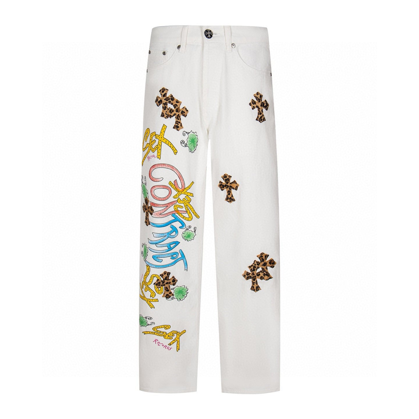 Chrome Hearts White Leopard Cross Graphic Jeans Chrome Hearts White Leopard Cross Graphic Jeans
