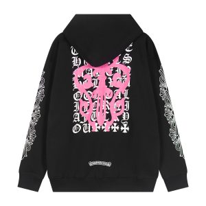 Chrome Hearts Pink Cross Leather Patch Zip Hoodie Black