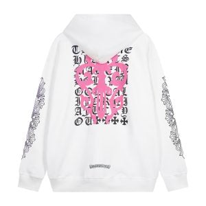 Chrome Hearts Pink Cross Leather Patch Zip Hoodie White