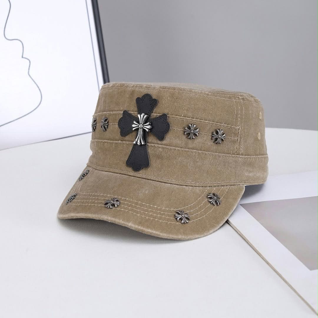 Chrome Hearts Khaki Black Cross Studded Military Cap Chrome Hearts Khaki Black Cross Studded Military Cap