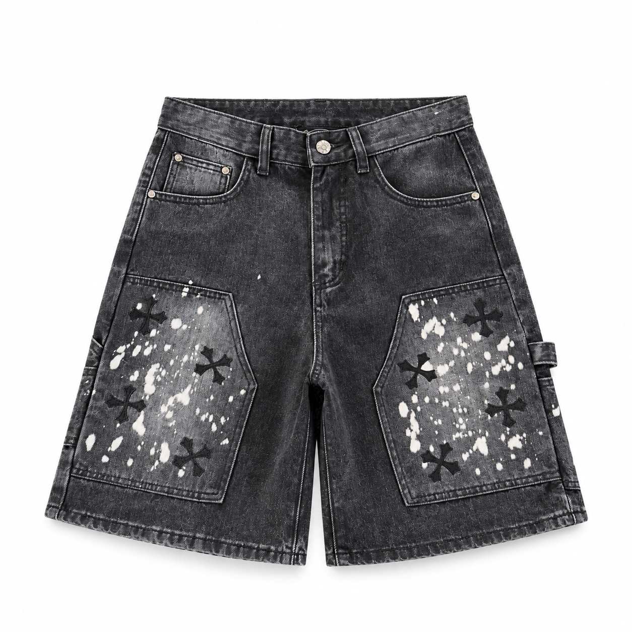 Chrome Hearts Black Splatter Cross Denim Shorts Chrome Hearts Black Splatter Cross Denim Shorts