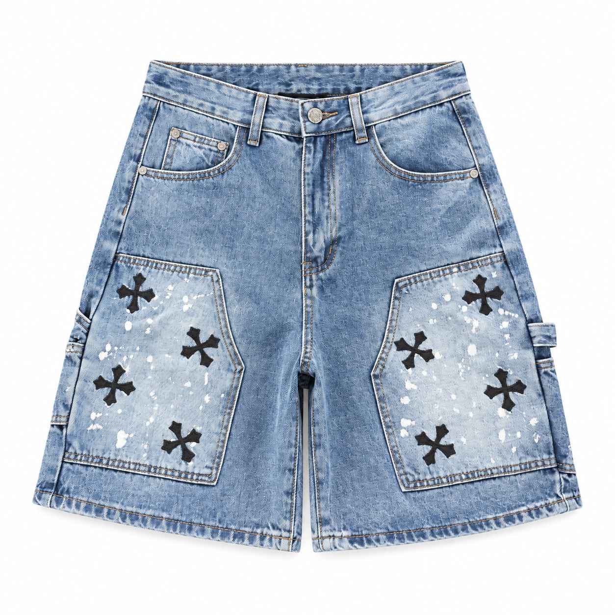 Chrome Hearts Light Blue Splatter Cross Denim Shorts Chrome Hearts Light Blue Splatter Cross Denim Shorts