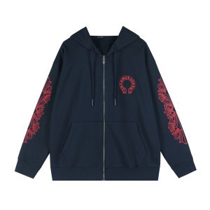 Chrome Hearts Red Horseshoe Logo Zip Hoodie Navy