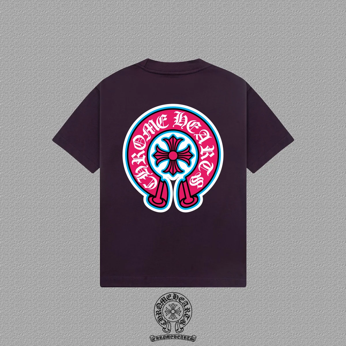 Chrome Hearts Dark Purple Pink Horseshoe Graphic T-Shirt Chrome Hearts Dark Purple Pink Horseshoe Graphic T-Shirt