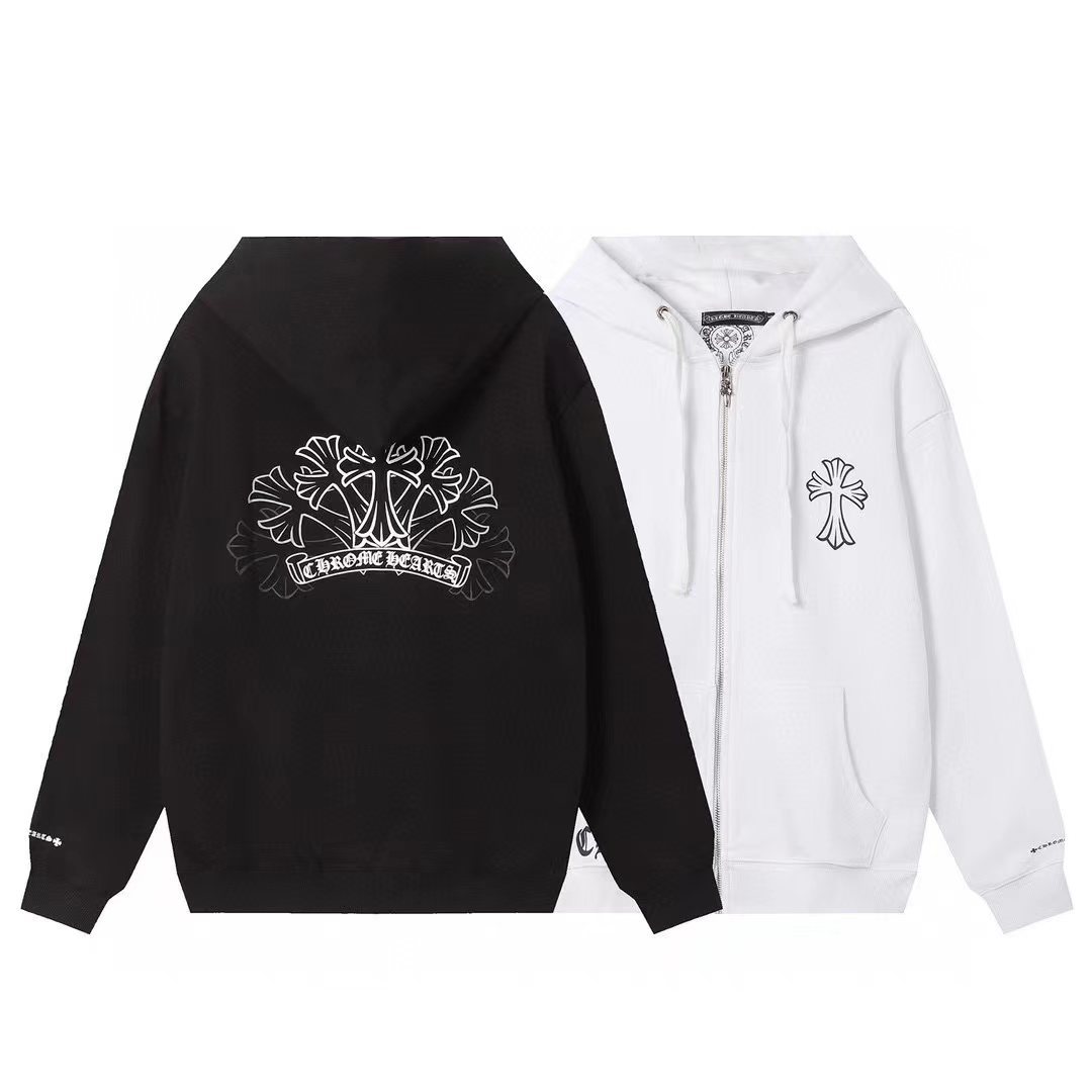 Chrome Hearts Triple Floral Cross Zip Up Hoodie Black/White Chrome Hearts Triple Floral Cross Zip Up Hoodie Black/White
